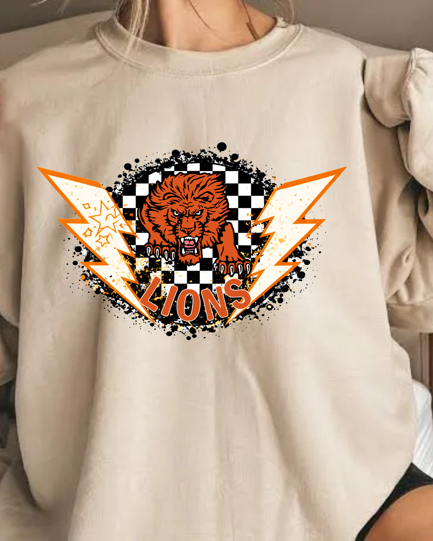 lions checkered with lighting bolts